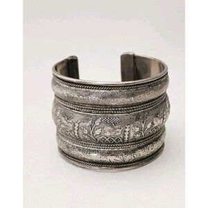 Statement Silver Cuff Lion Floral Repousse Bracelet Boho